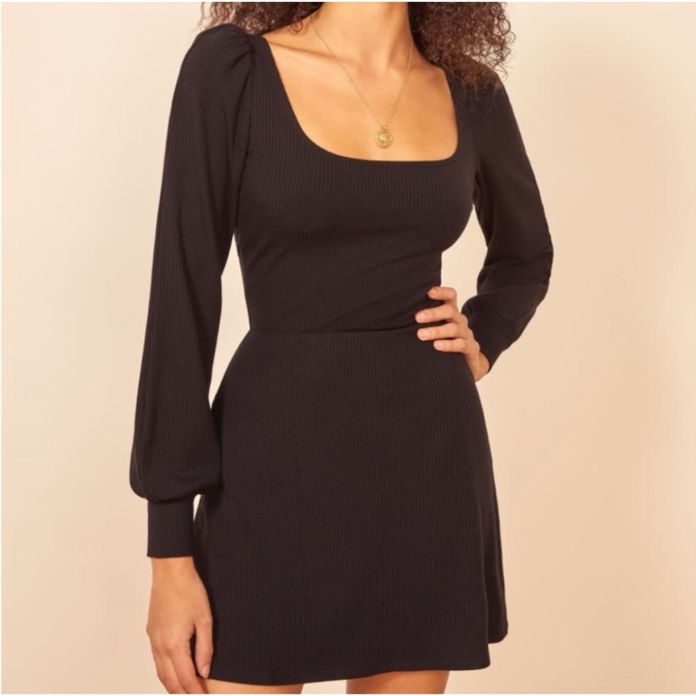 Reformation Linah Dress Black Ribbed Puff Sleeve Long Sleeve Dress size medium
